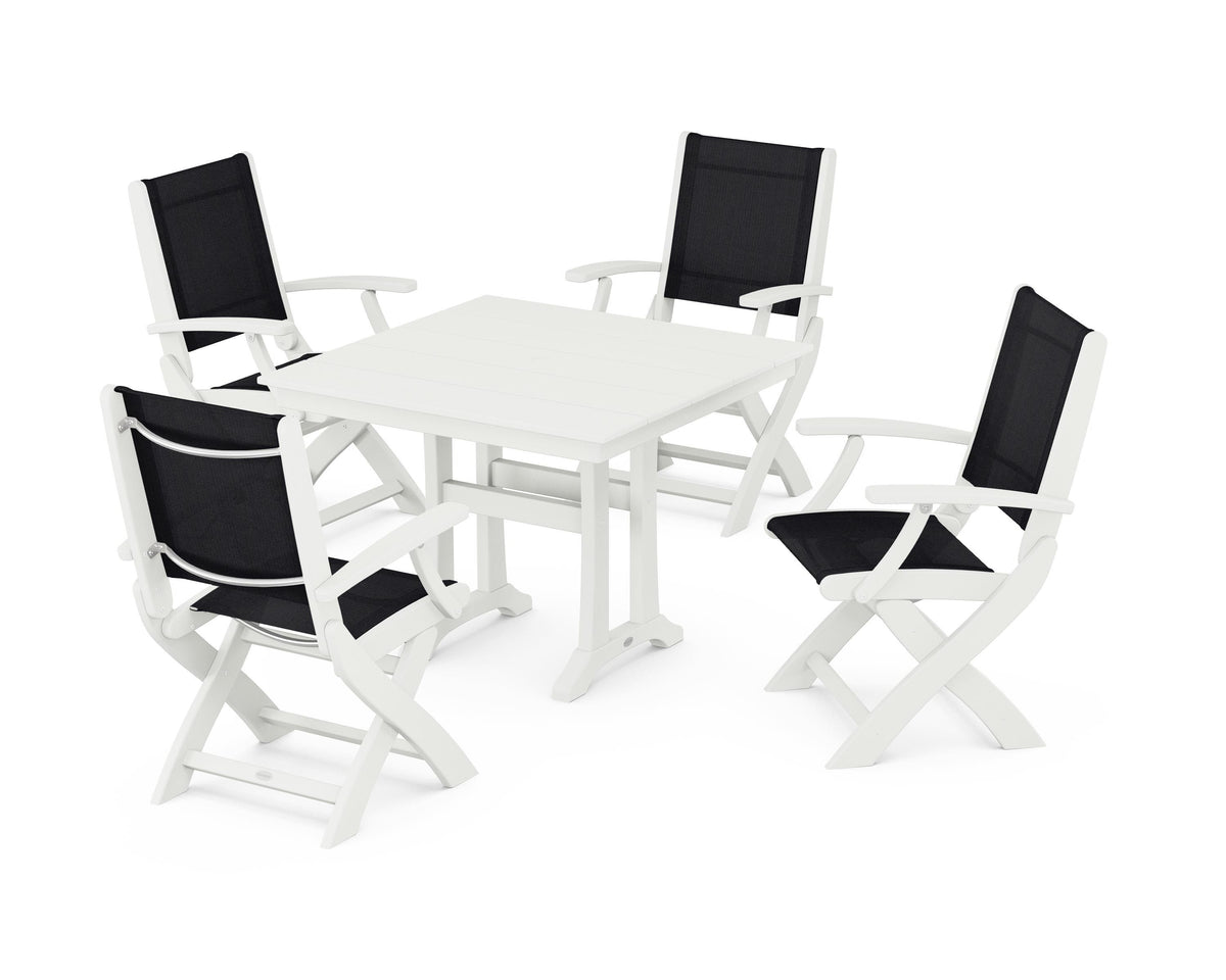 POLYWOOD Coastal Folding Chair 5-Piece Farmhouse Dining Set With Trestle Legs in Vintage White / Black
