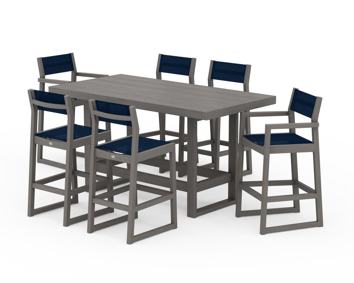 POLYWOOD EDGE Sling 7-Piece Bar Table Set in Driftwood / Navy Blue