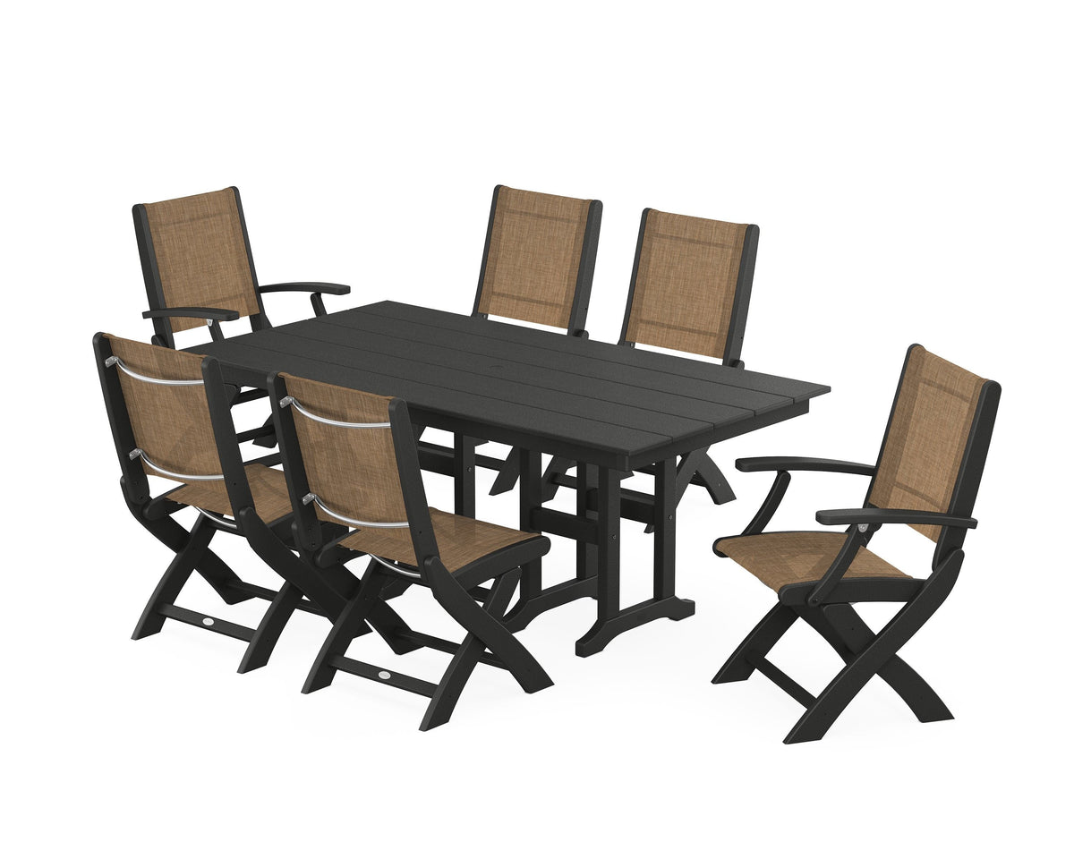 POLYWOOD Coastal Folding Chair 7-Piece Farmhouse Dining Set in Black / Burlap
