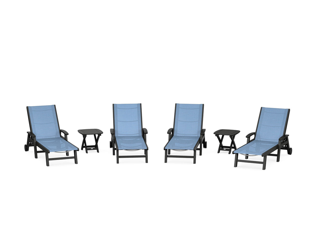 POLYWOOD Coastal Chaise 6-Piece Set with Wheels in Black / Poolside