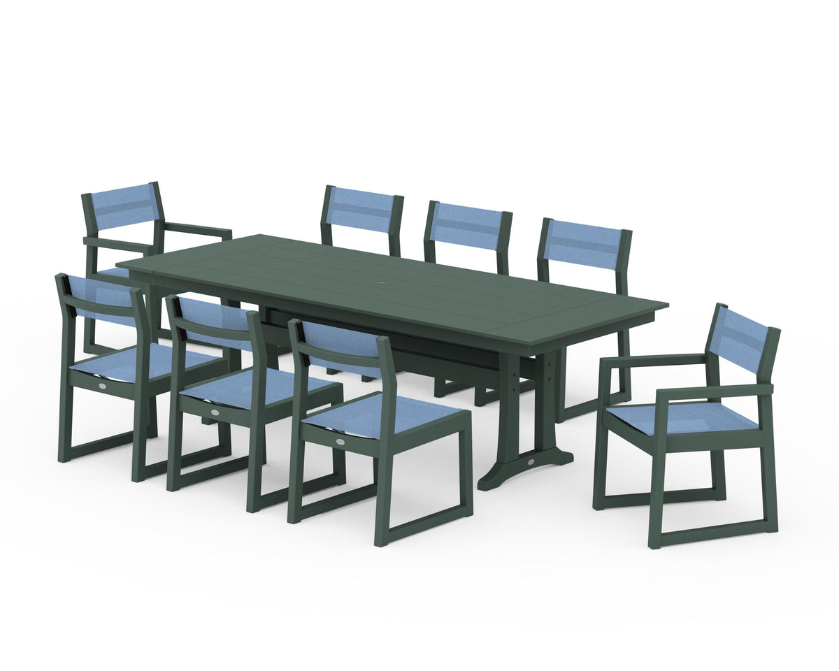 POLYWOOD EDGE Sling 9-Piece Farmhouse Trestle Dining Set in Green / Poolside