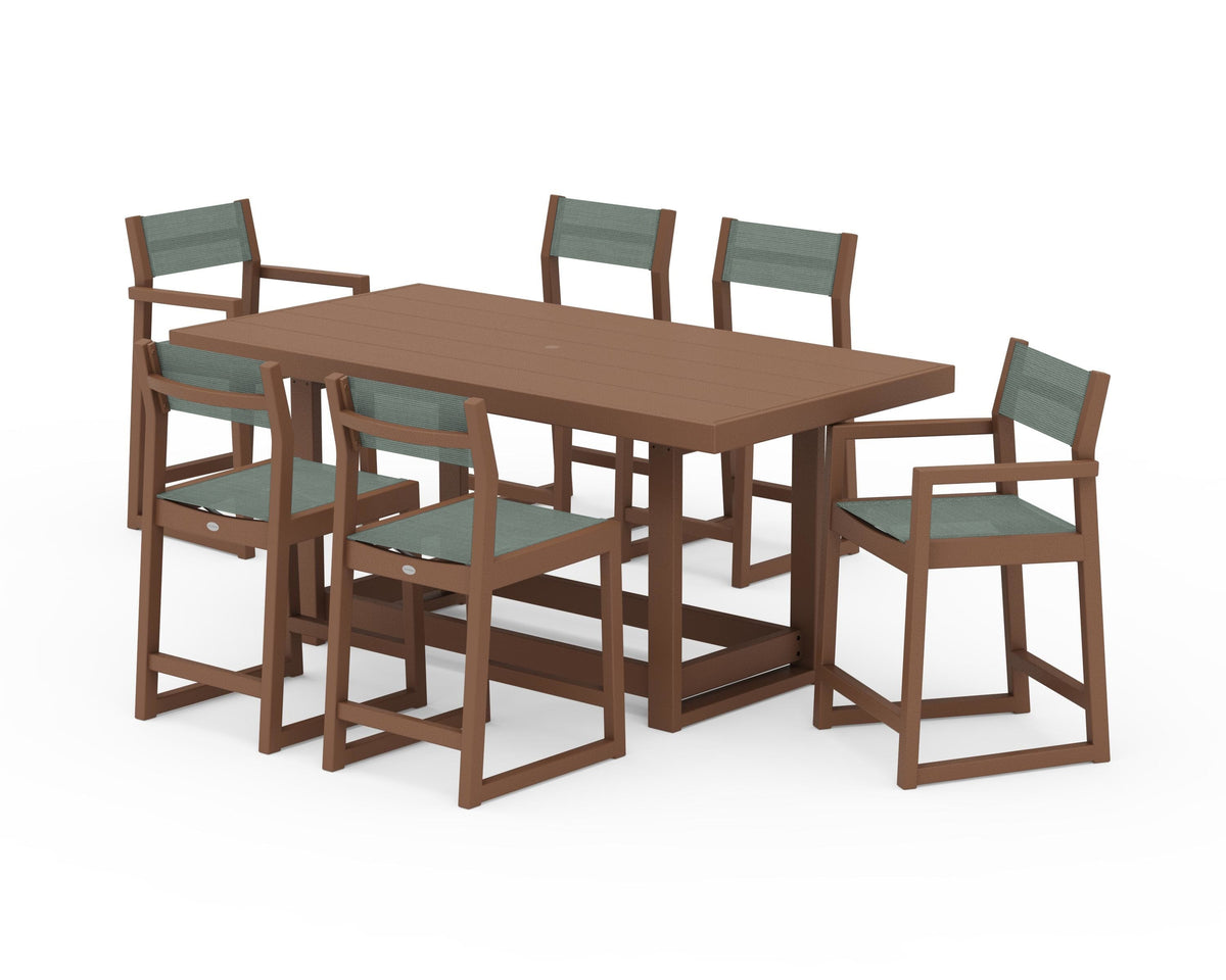 POLYWOOD EDGE Sling 7-Piece Counter Table Set in Teak / Dupioni Sea Mist