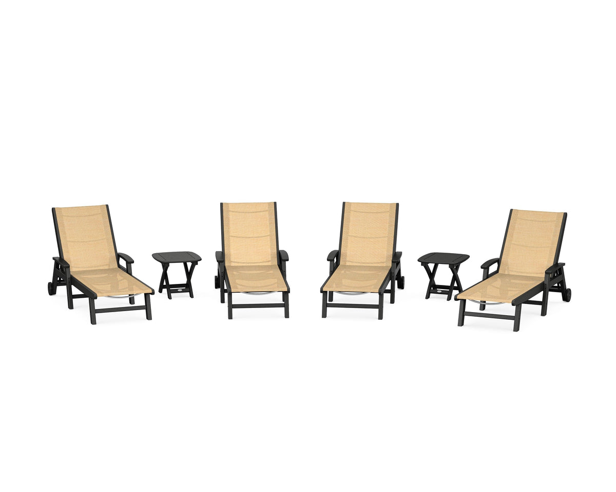 POLYWOOD Coastal Chaise 6-Piece Set with Wheels in Black / Dupioni Apricot