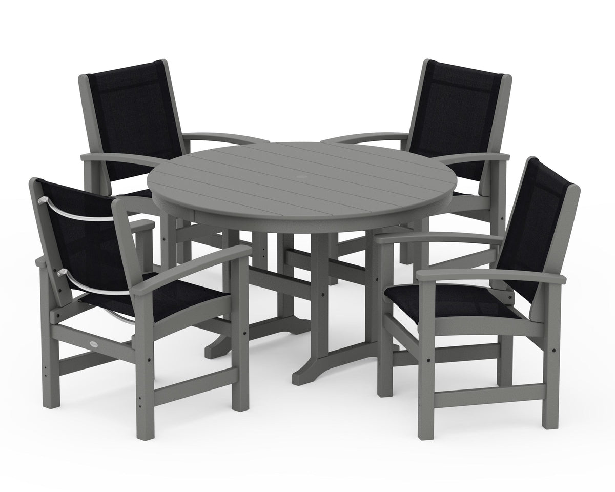 POLYWOOD Coastal 5-Piece Round Farmhouse Dining Set in Slate Grey / Black