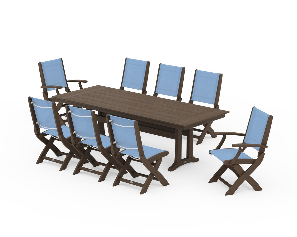 POLYWOOD Coastal 9-Piece Folding Dining Chair Farmhouse Dining Set with Trestle Legs in Kona / Poolside
