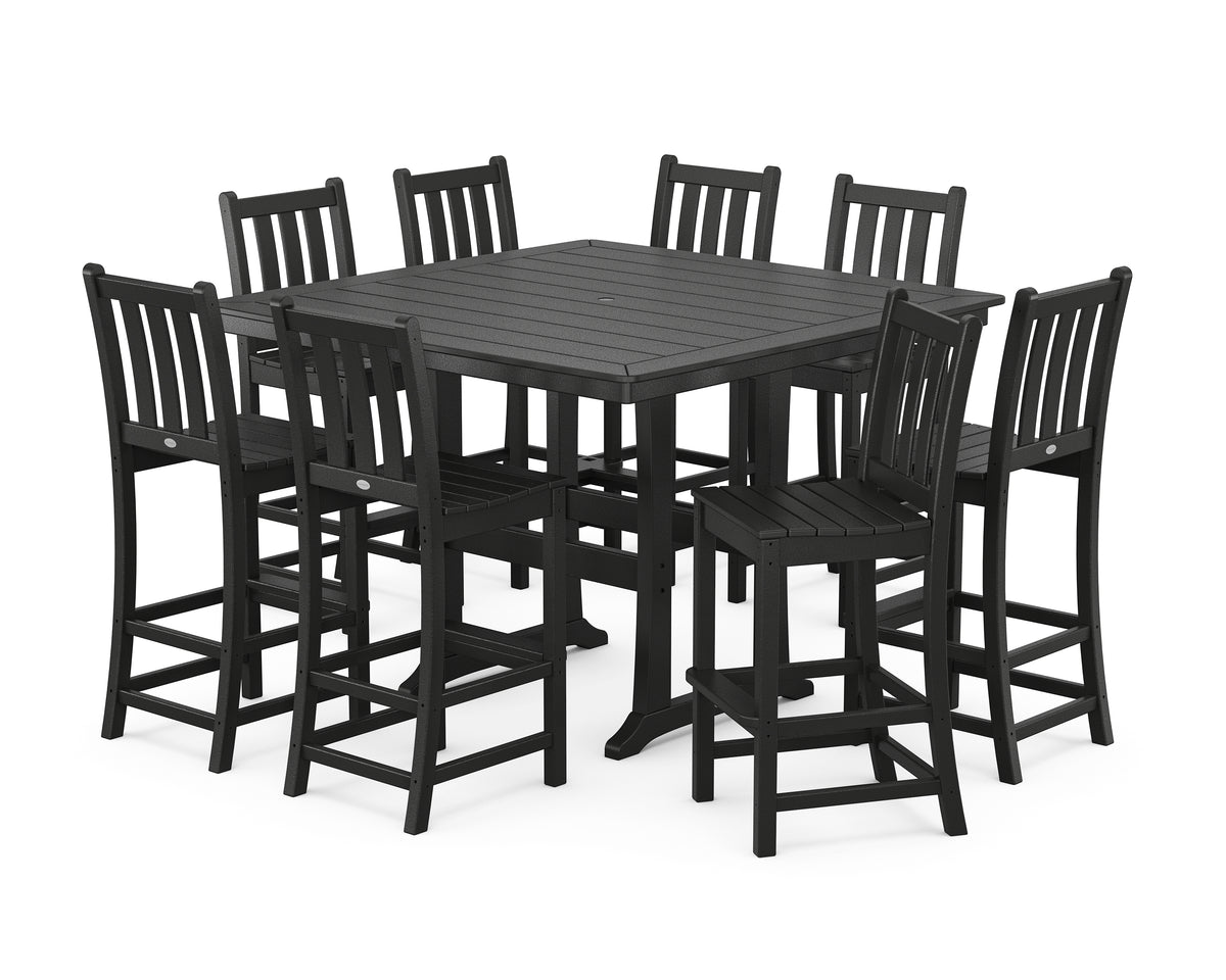 POLYWOOD Traditional Garden 9-Piece Nautical Trestle Bar Set in Black