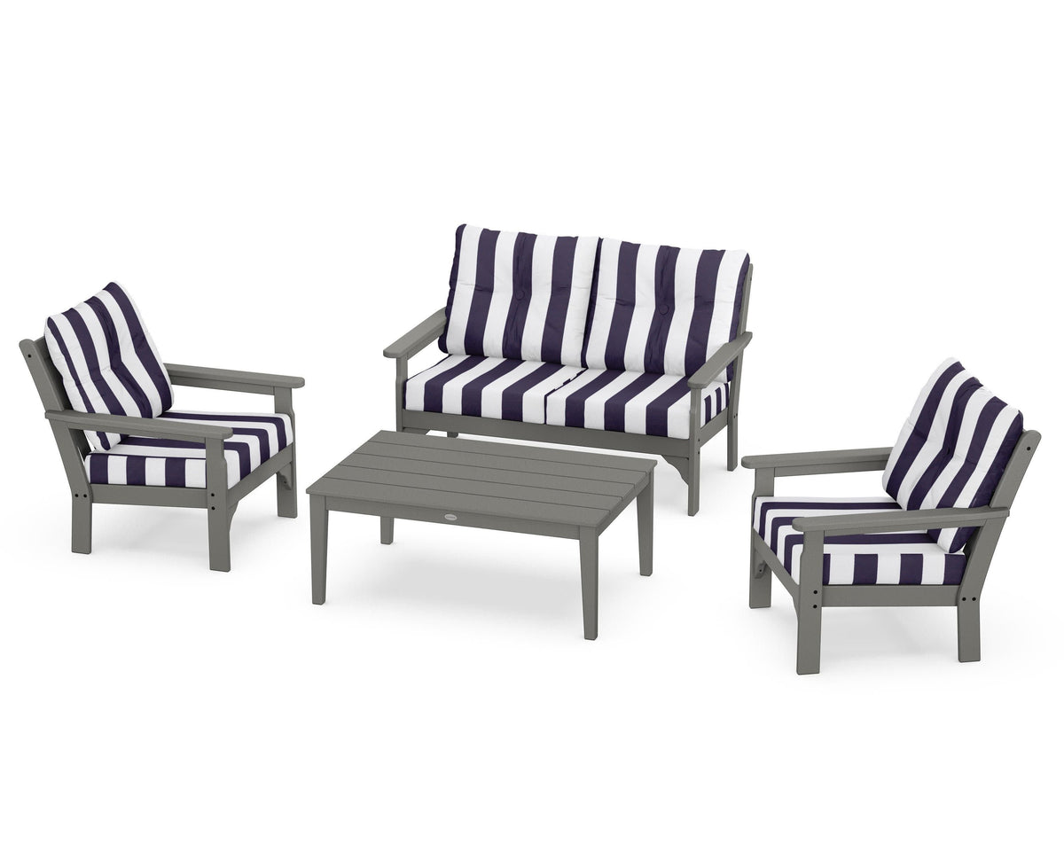 POLYWOOD Vineyard 4-Piece Deep Seating Set with Two Chairs and Loveseat in Slate Grey / Cabana Stripe Navy