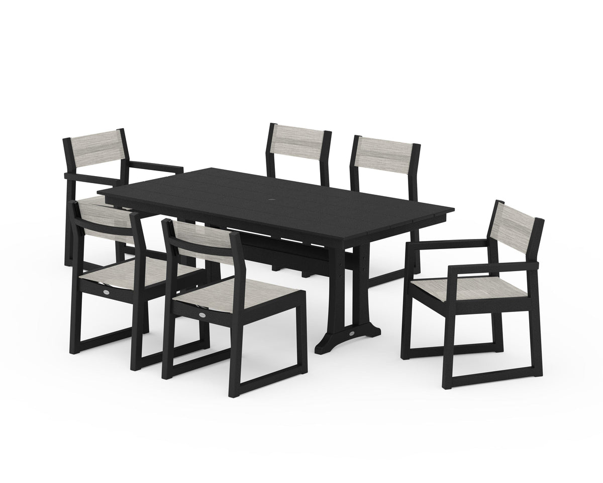 POLYWOOD EDGE Sling 7-Piece Farmhouse Trestle Dining Set in Black / Birch