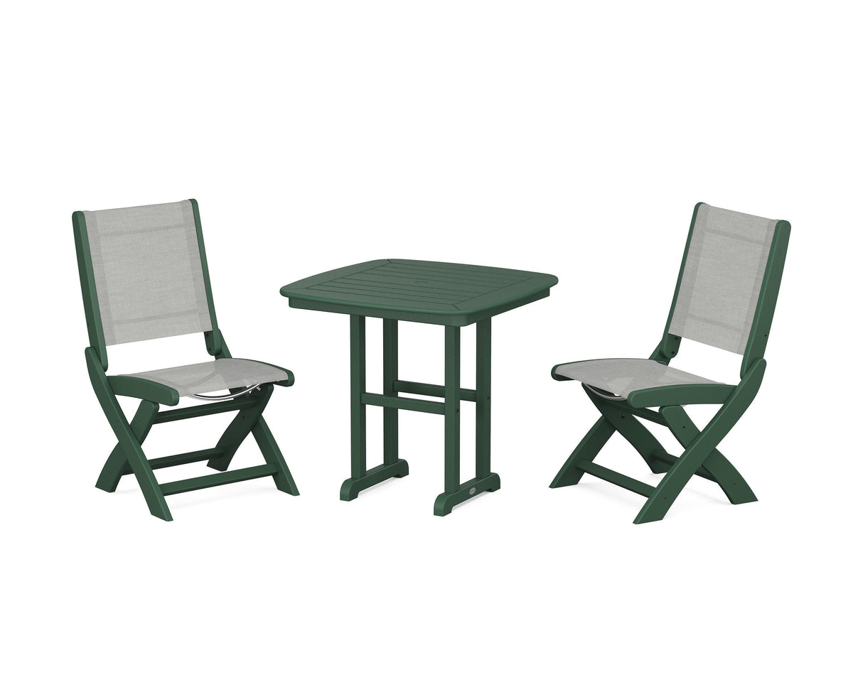 POLYWOOD Coastal Folding Side Chair 3-Piece Dining Set in Green / Metallic