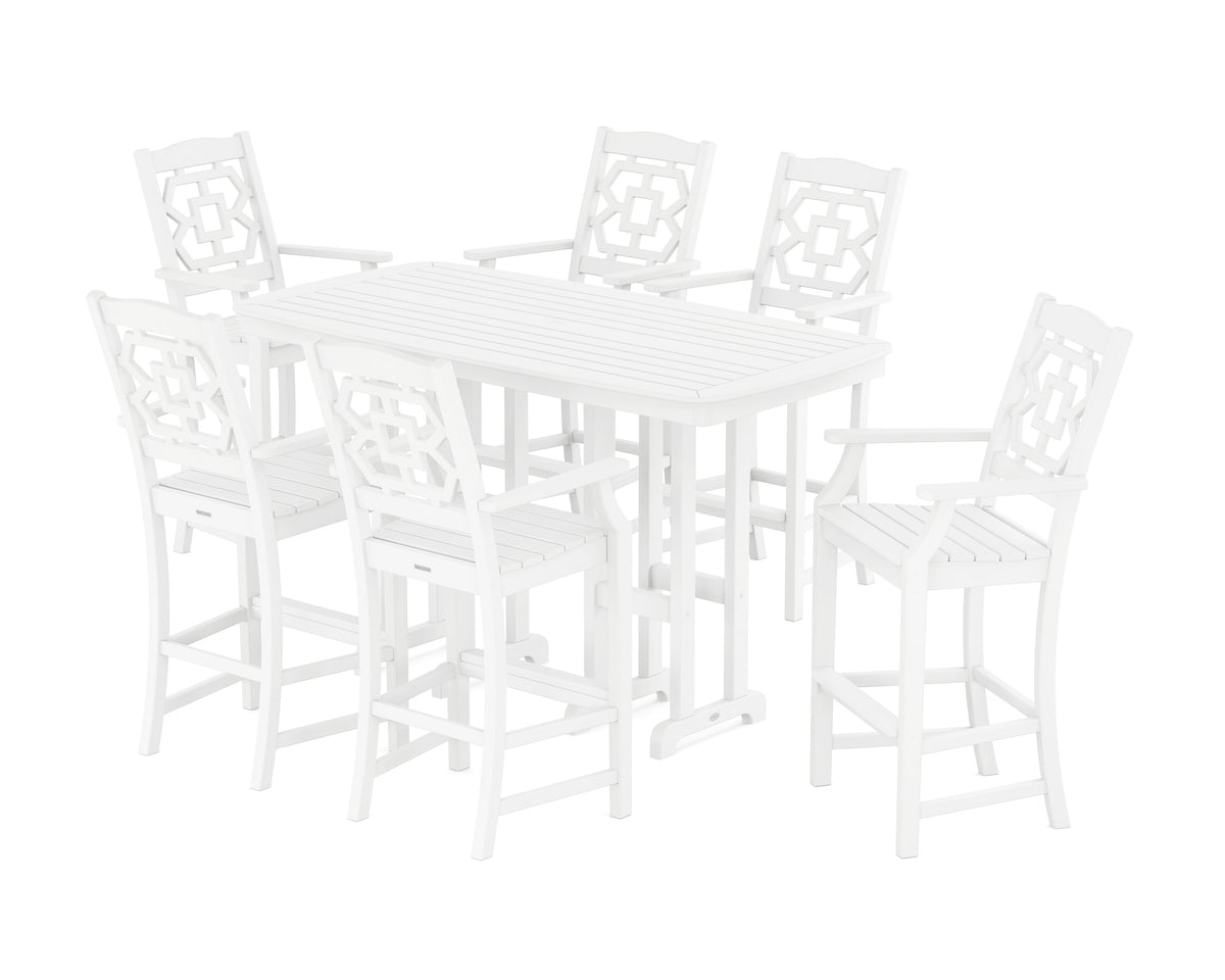 POLYWOOD Chinoiserie Arm Chair 7-Piece Bar Set in White