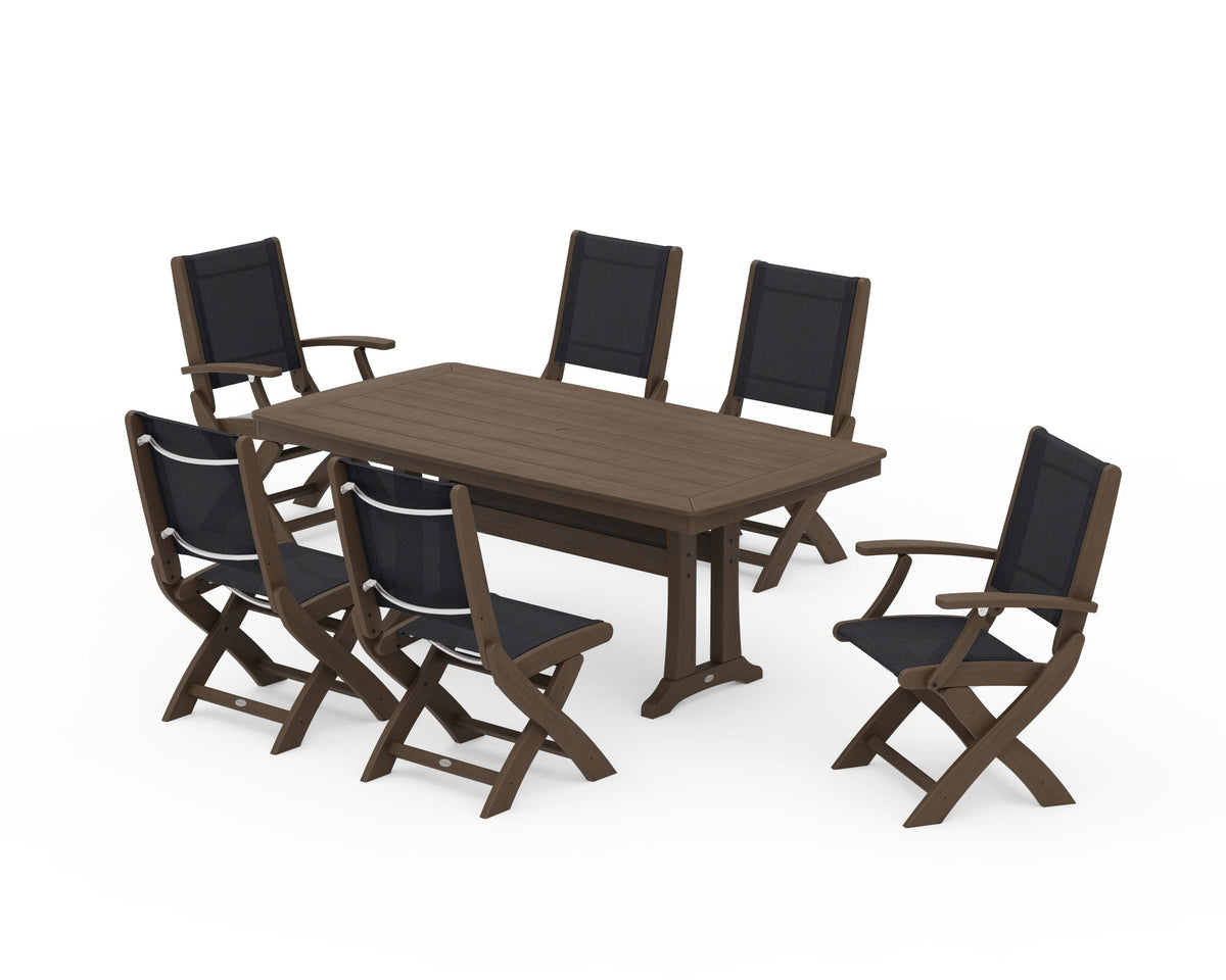 POLYWOOD Coastal Folding Chair 7-Piece Dining Set with Trestle Legs with Nautical Trestle 38" x 73" Dining Table in Kona / Black