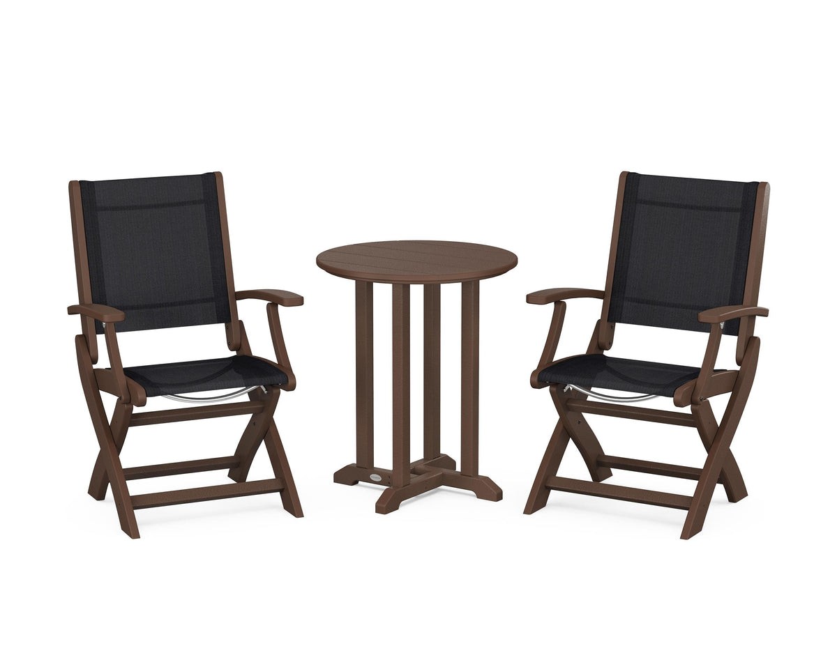 POLYWOOD Coastal Folding 3-Piece Round Bistro Dining Set in Mahogany / Black