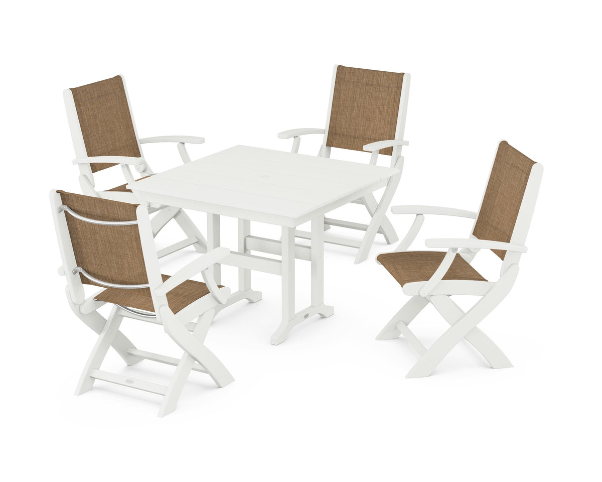 POLYWOOD Coastal Folding Chair 5-Piece Farmhouse Dining Set in Vintage White / Burlap