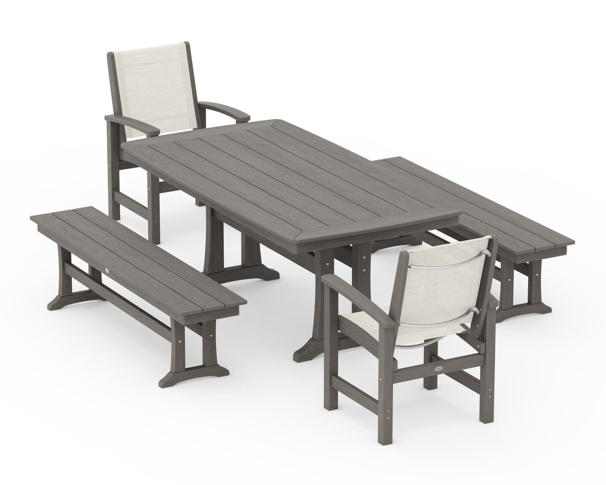 POLYWOOD Coastal 5-Piece Dining Set with Trestle Legs and Benches in Driftwood / Parchment