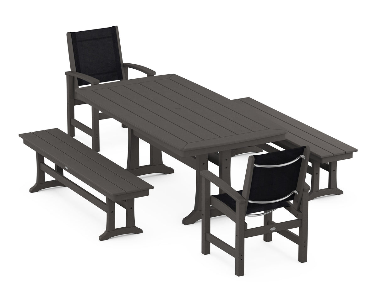 POLYWOOD Coastal 5-Piece Dining Set with Trestle Legs and Benches in Vintage Coffee / Black