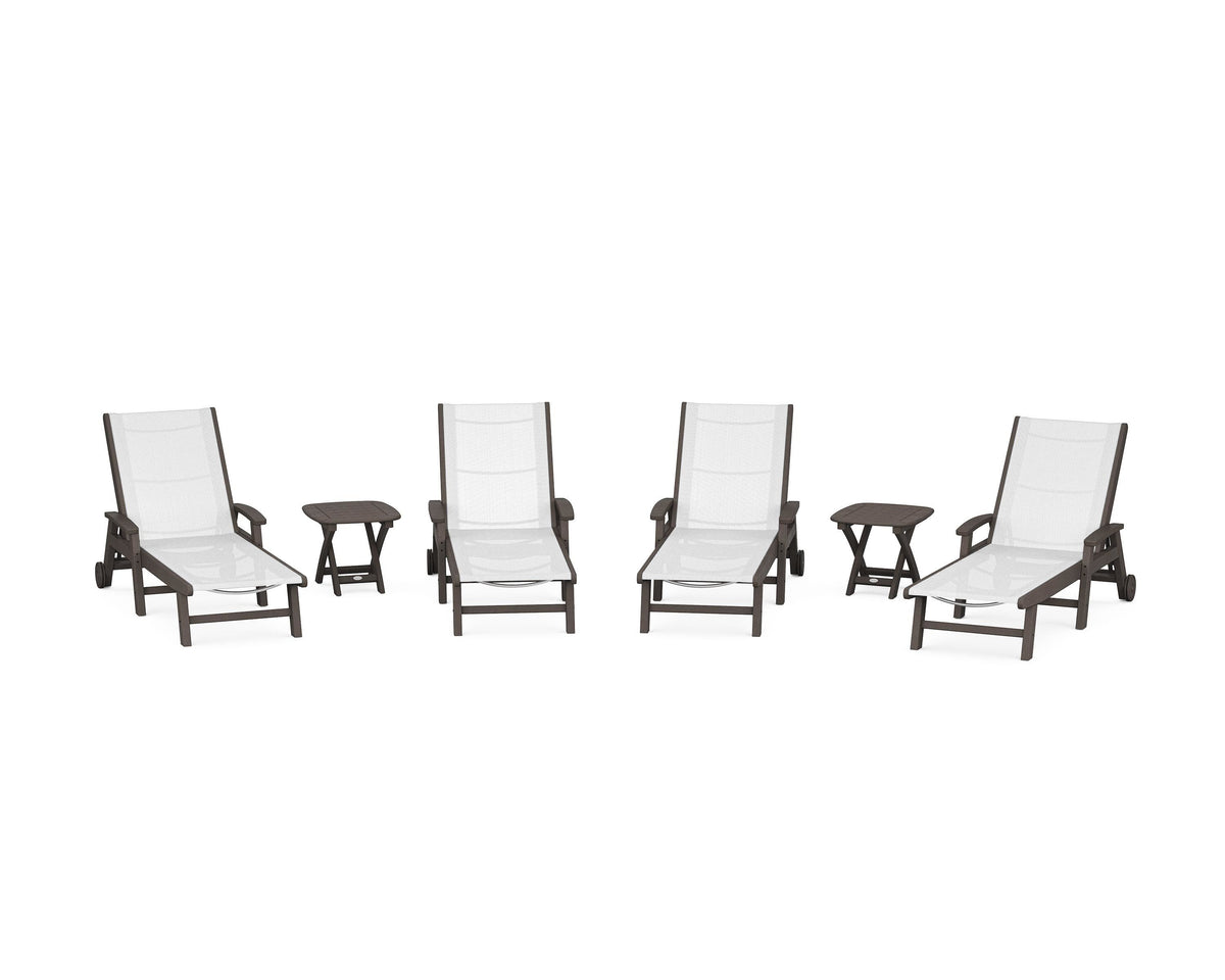 POLYWOOD Coastal Chaise 6-Piece Set with Wheels in Vintage Coffee / White