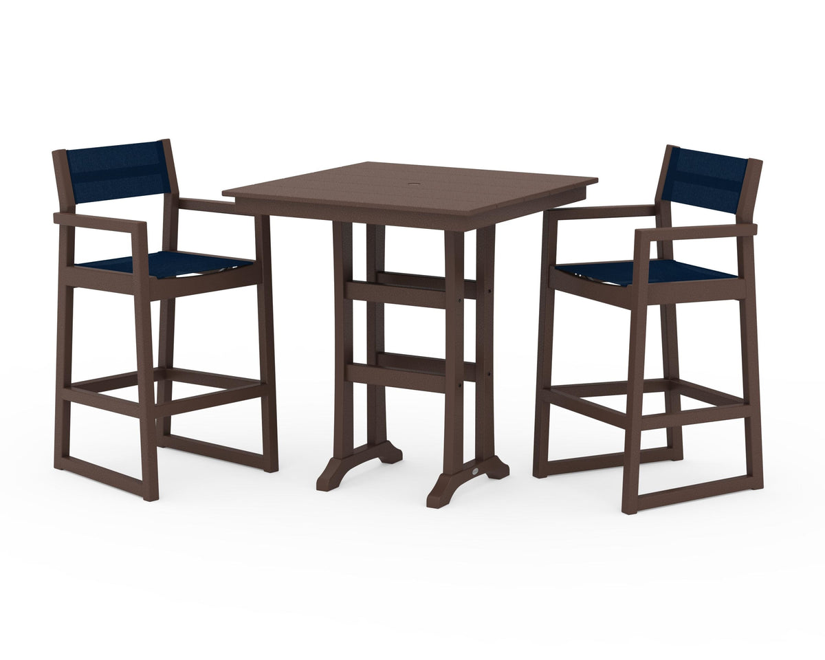 POLYWOOD EDGE Sling Arm Chair 3-Piece Farmhouse Bar Set with Trestle Legs in Mahogany / Navy Blue
