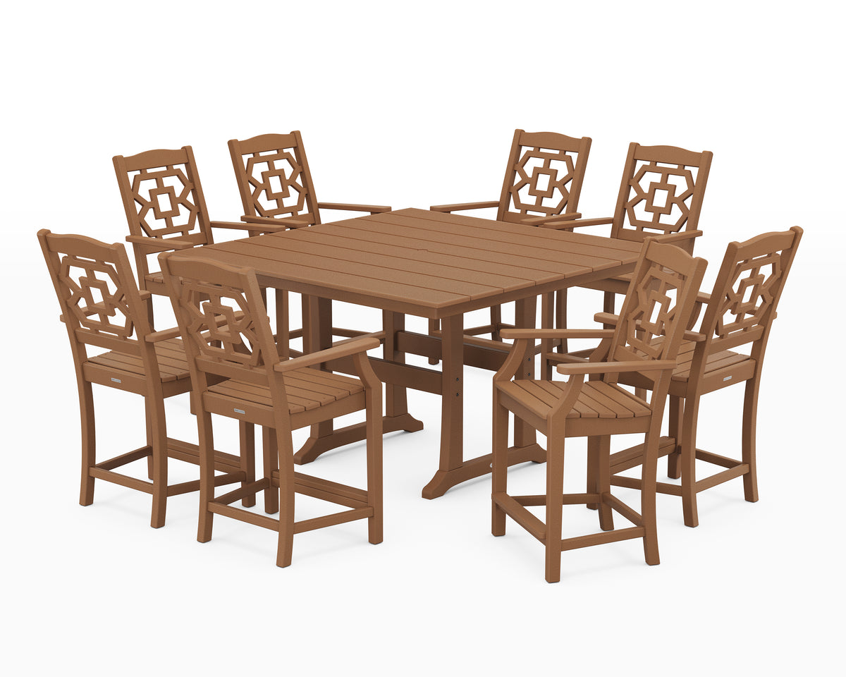 POLYWOOD Chinoiserie 9-Piece Square Farmhouse Counter Set with Trestle Legs in Teak