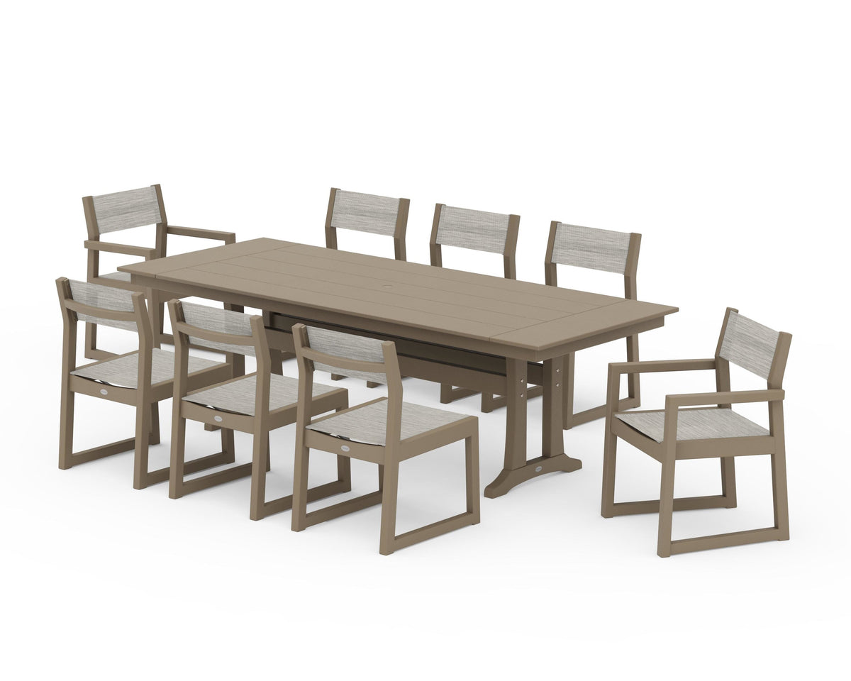 POLYWOOD EDGE Sling 9-Piece Farmhouse Trestle Dining Set in Vintage Sahara / Birch