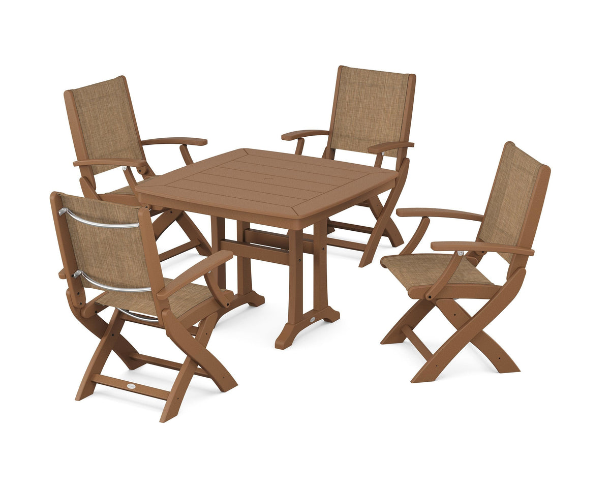 POLYWOOD Coastal Folding Chair 5-Piece Dining Set with Trestle Legs in Teak / Burlap