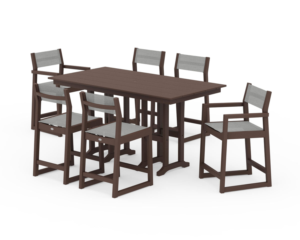 POLYWOOD EDGE Sling 7-Piece Farmhouse Counter Set with Trestle Legs in Mahogany / Metallic