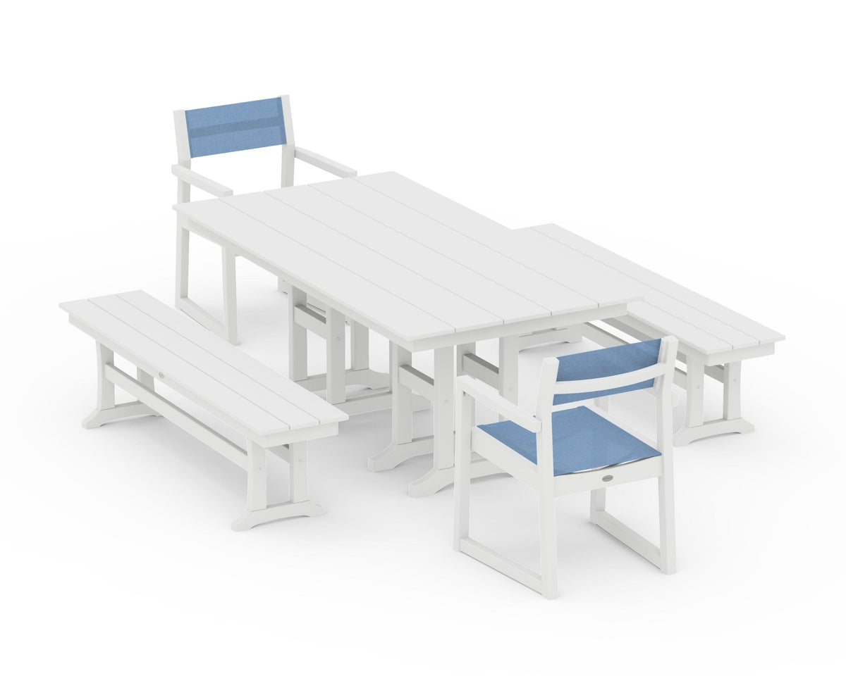 POLYWOOD EDGE Sling Arm Chair 5-Piece Farmhouse Dining Set with Benches in White / Poolside