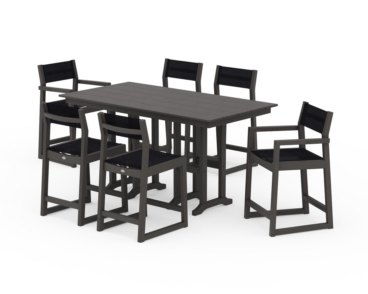 POLYWOOD EDGE Sling 7-Piece Farmhouse Counter Set with Trestle Legs in Vintage Coffee / Black