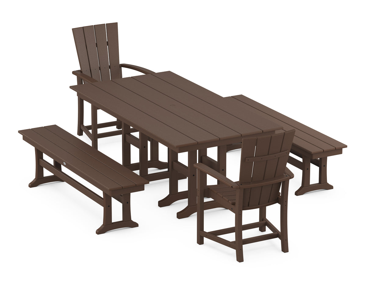 POLYWOOD Quattro 5-Piece Farmhouse Dining Set with Benches - 37" x 72" Table in Mahogany