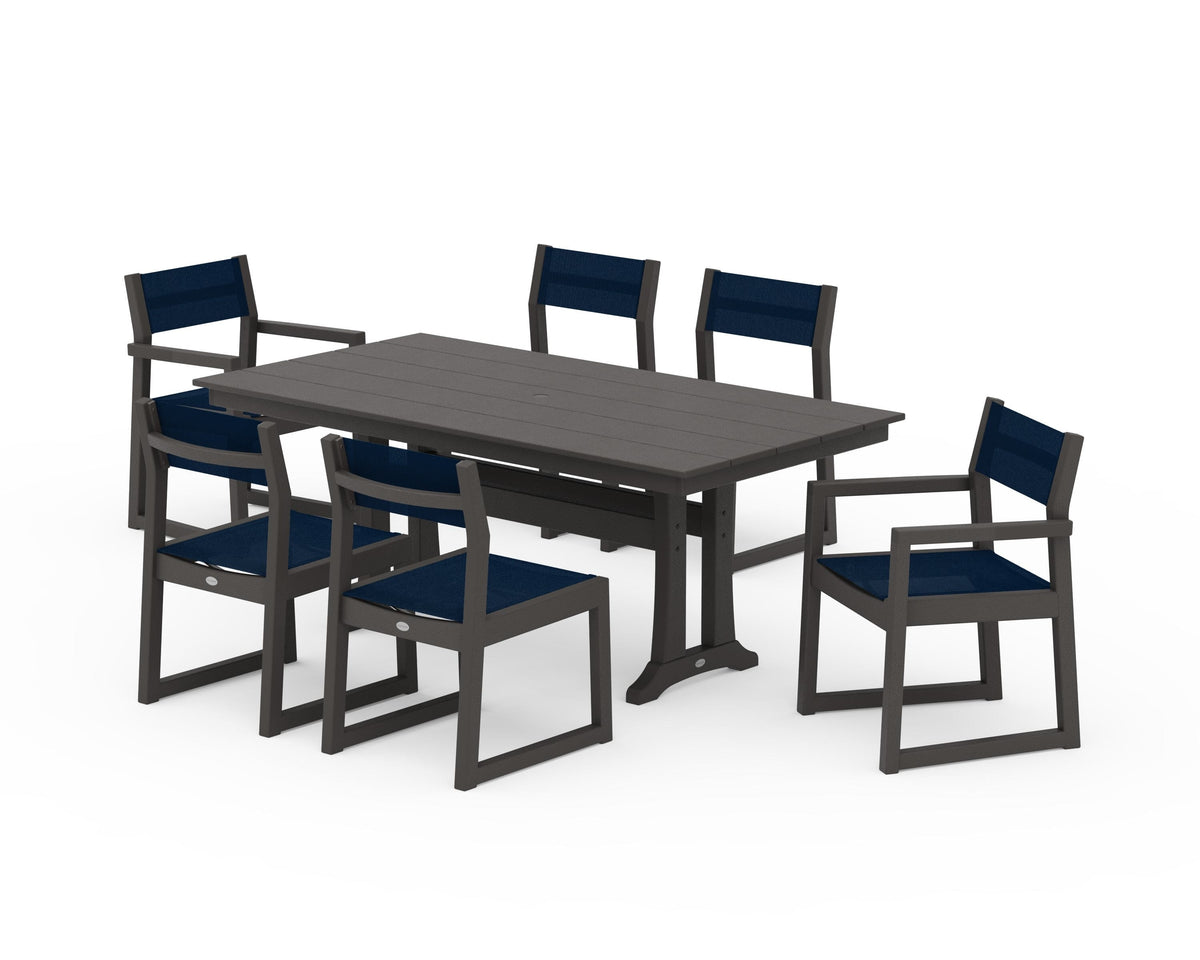 POLYWOOD EDGE Sling 7-Piece Farmhouse Trestle Dining Set in Vintage Coffee / Navy Blue