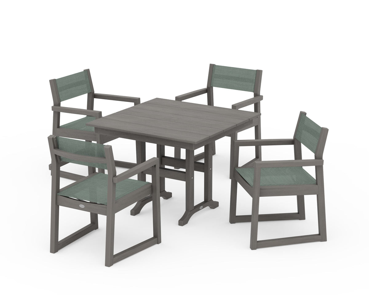 POLYWOOD EDGE Sling Arm Chair 5-Piece Farmhouse Dining Set in Driftwood / Dupioni Sea Mist