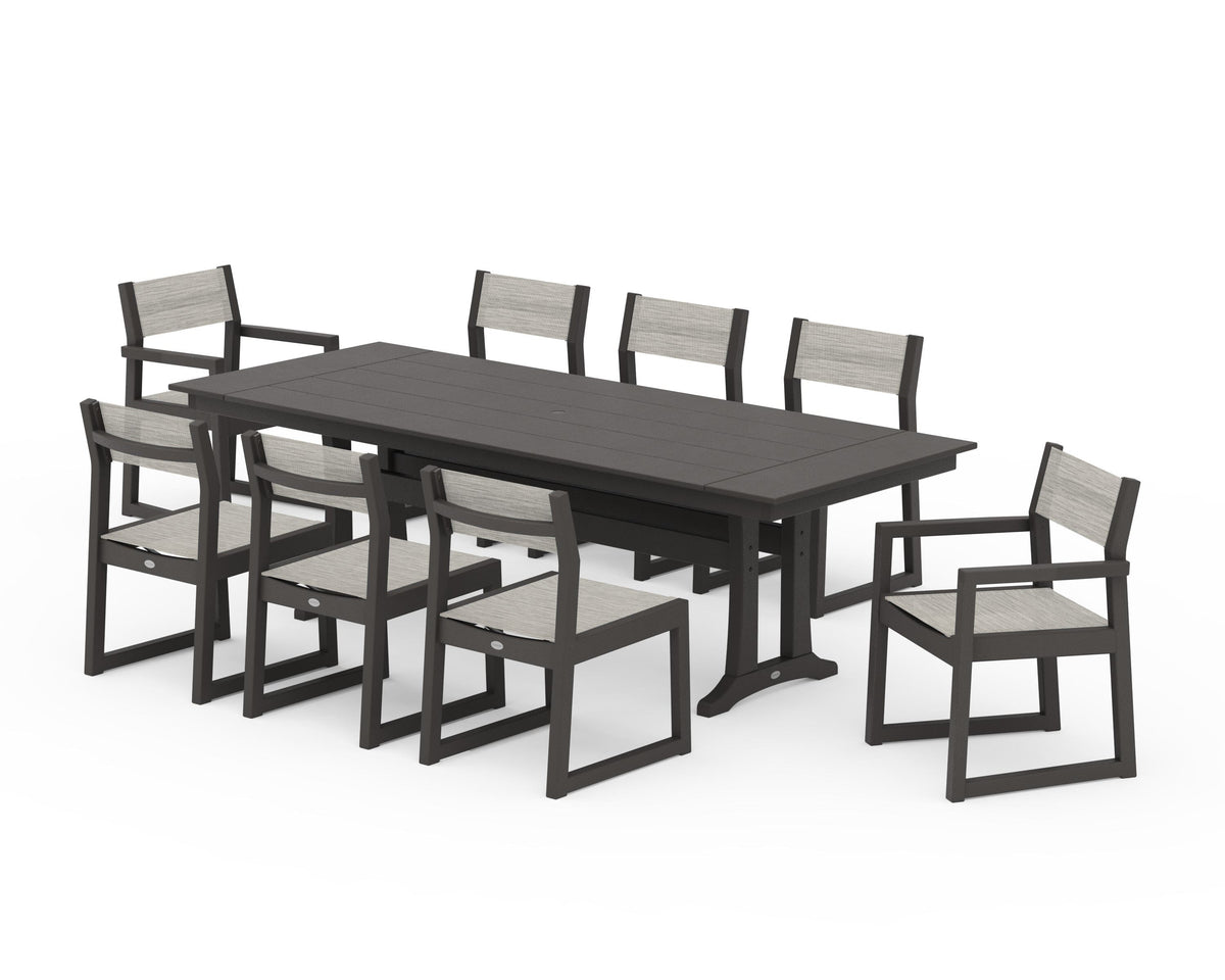 POLYWOOD EDGE Sling 9-Piece Farmhouse Trestle Dining Set in Vintage Coffee / Birch