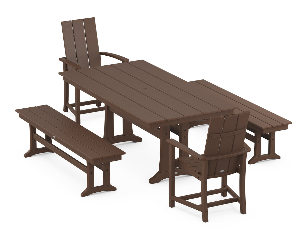 POLYWOOD Modern Adirondack 5-Piece Farmhouse Dining Set with Trestle Legs in Mahogany