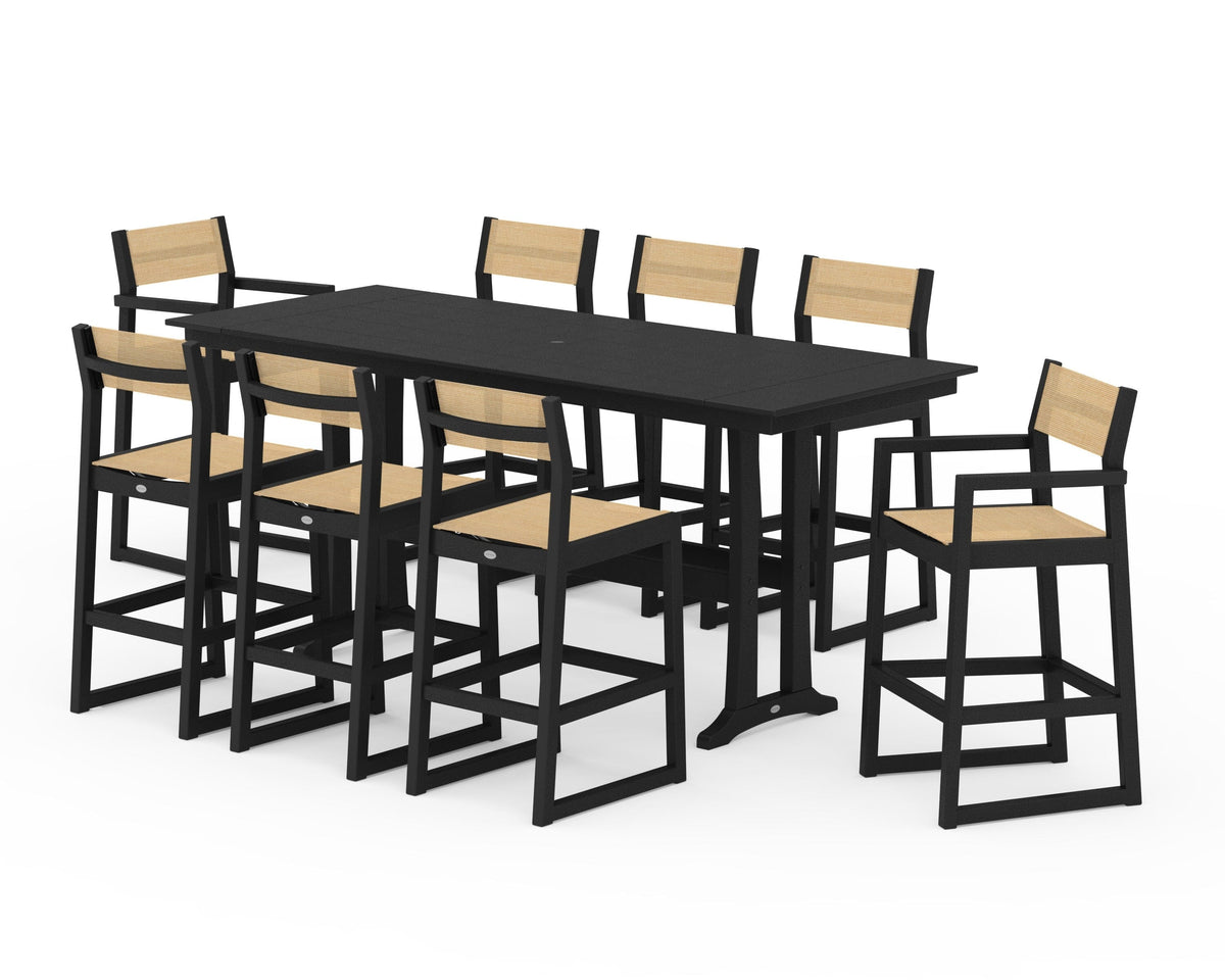POLYWOOD EDGE Sling 9-Piece Farmhouse Bar Set with Trestle Legs in Black / Dupioni Apricot