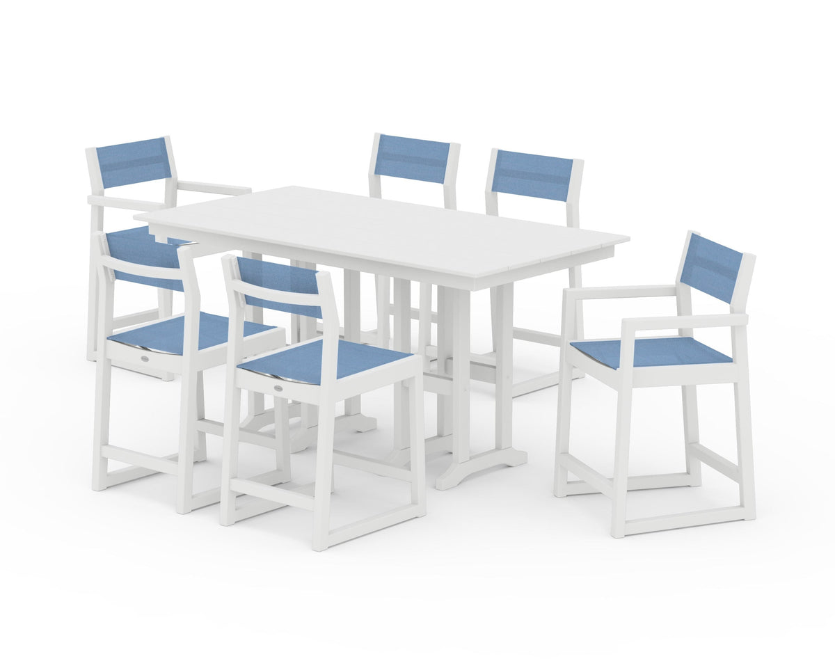 POLYWOOD EDGE Sling 7-Piece Farmhouse Counter Set with Trestle Legs in White / Poolside