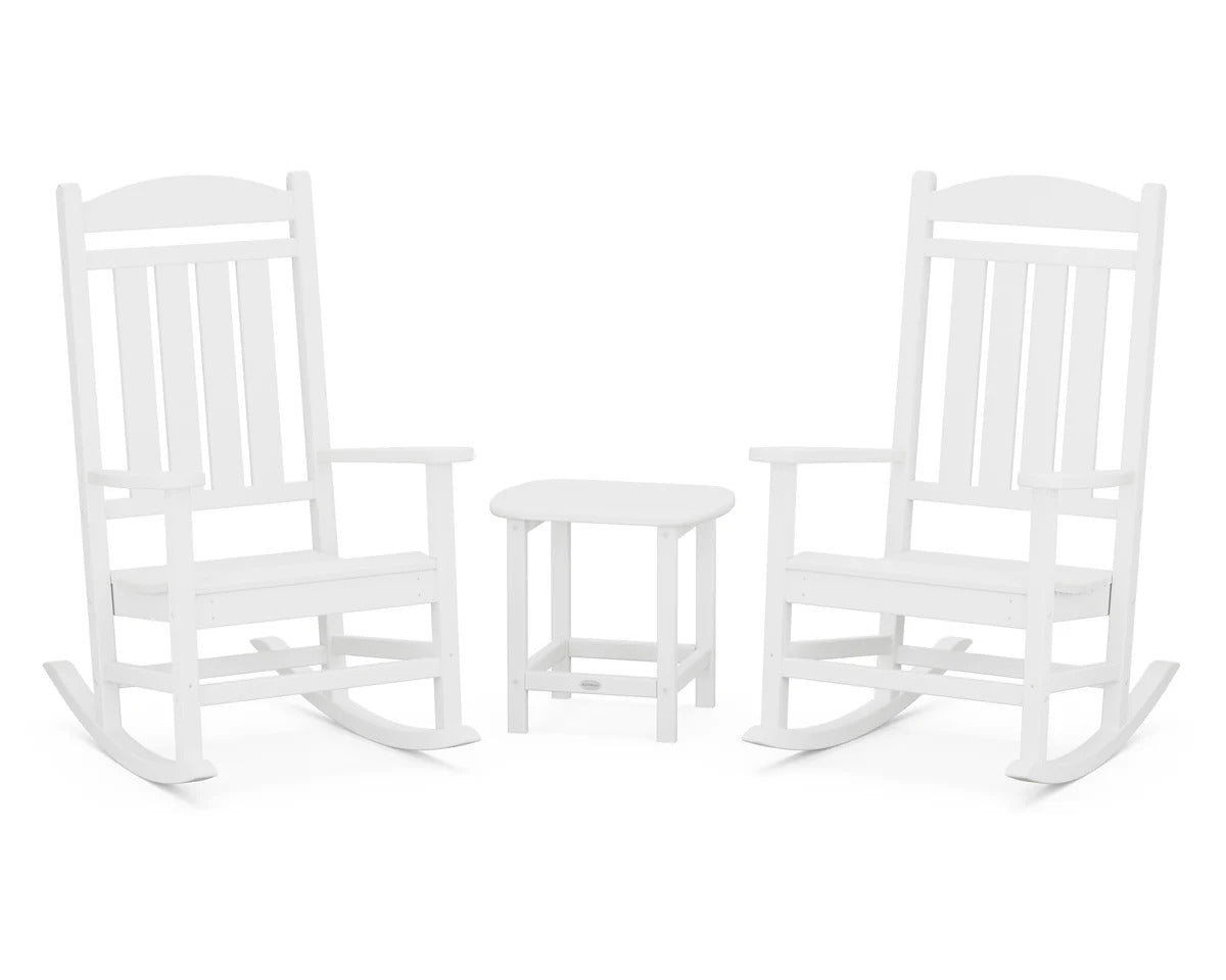 White POLYWOOD Presidential rocking chair set with side table on front porch