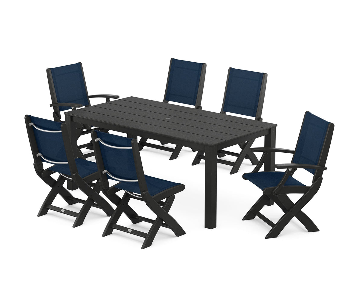 POLYWOOD Coastal Folding Chair 7-Piece Parsons Dining Set with Coastal Folding Side Chair in Black / Navy Blue