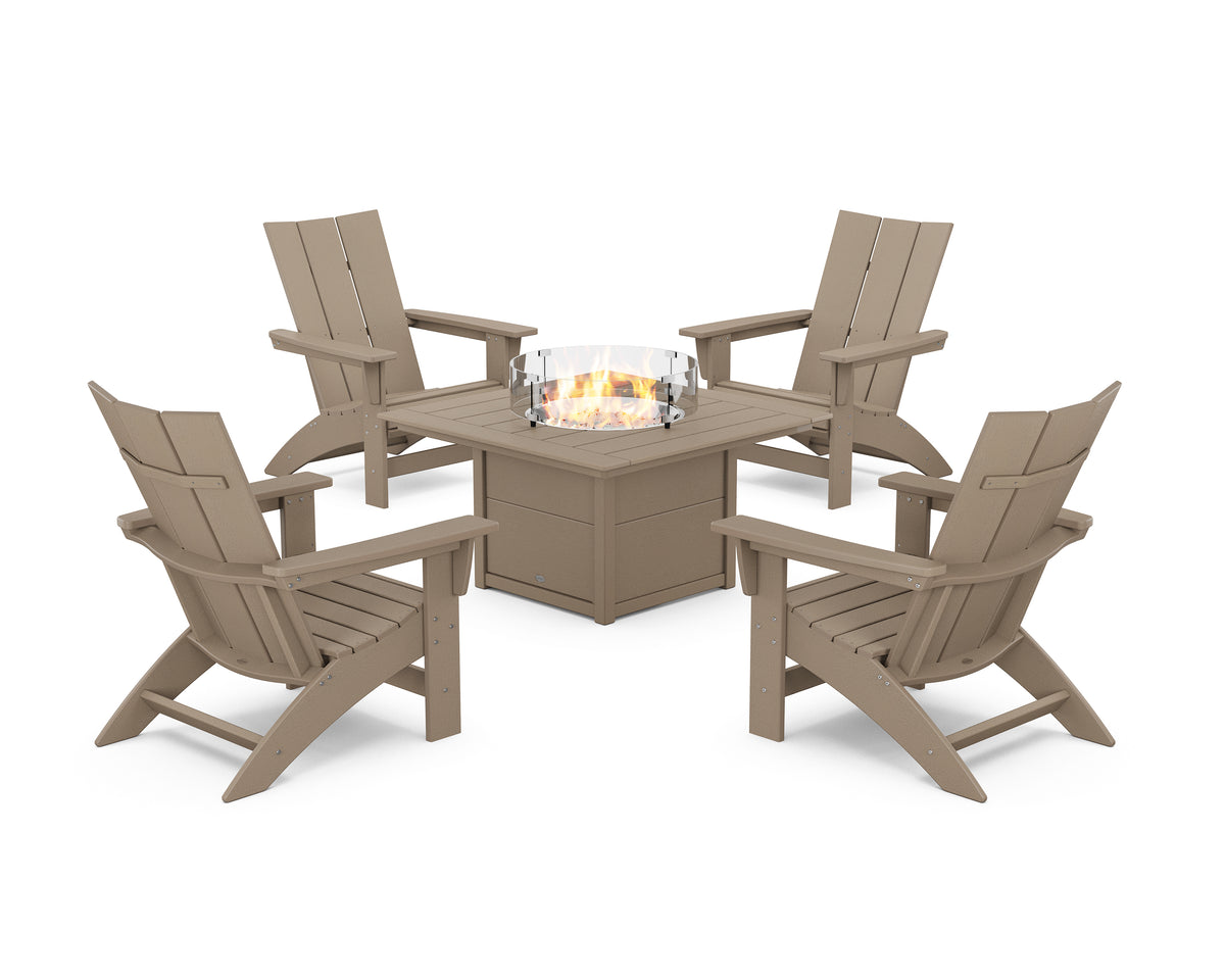 POLYWOOD 5-Piece Modern Grand Adirondack Conversation Set with Fire Pit Table in Vintage Sahara