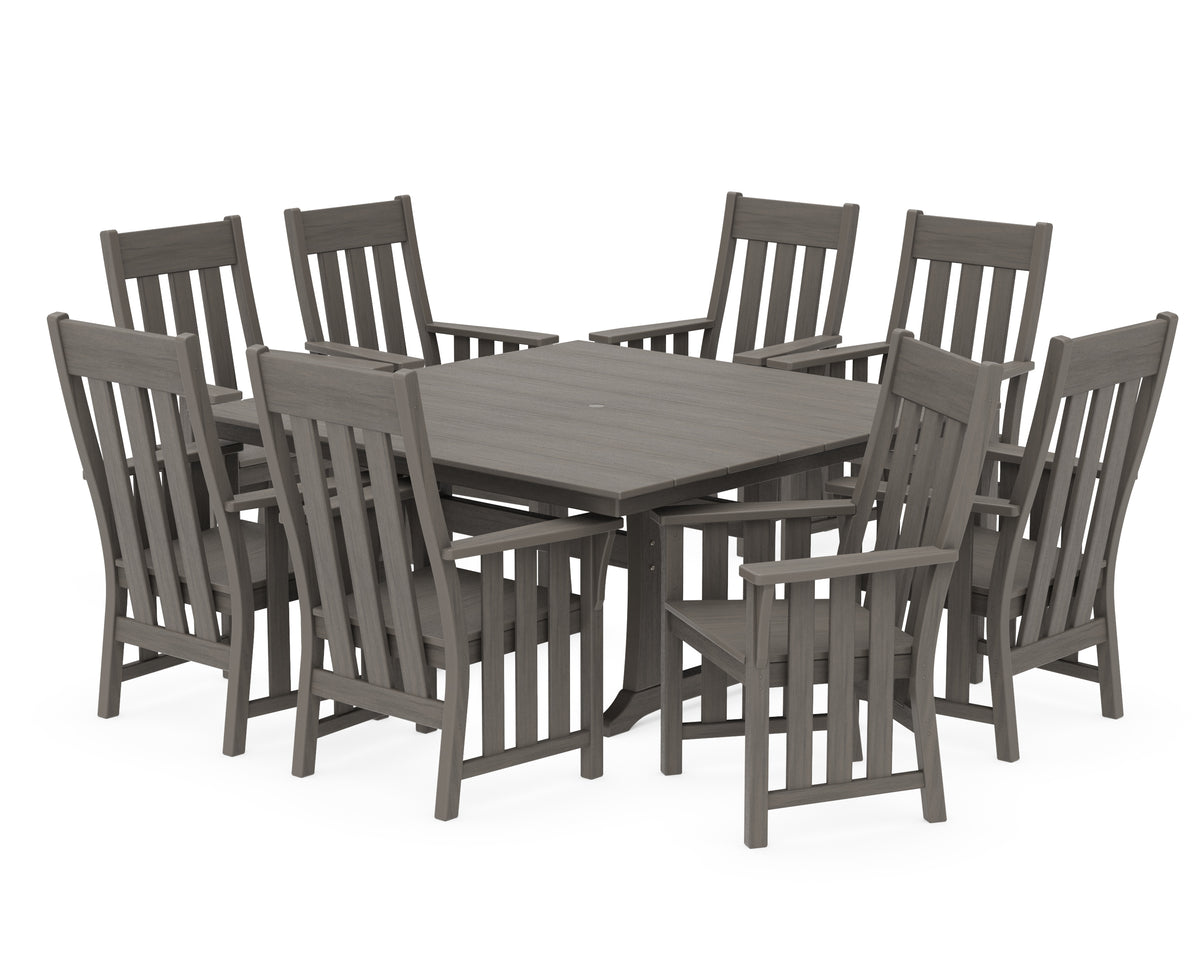 POLYWOOD Acadia 9-Piece Square Farmhouse Dining Set with Trestle Legs in Driftwood