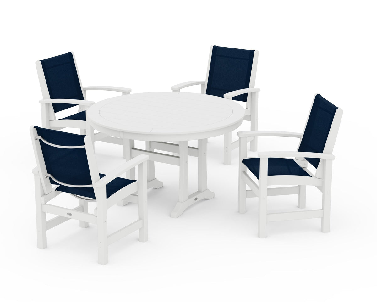 POLYWOOD Coastal 5-Piece Round Dining Set with Trestle Legs in White / Navy Blue