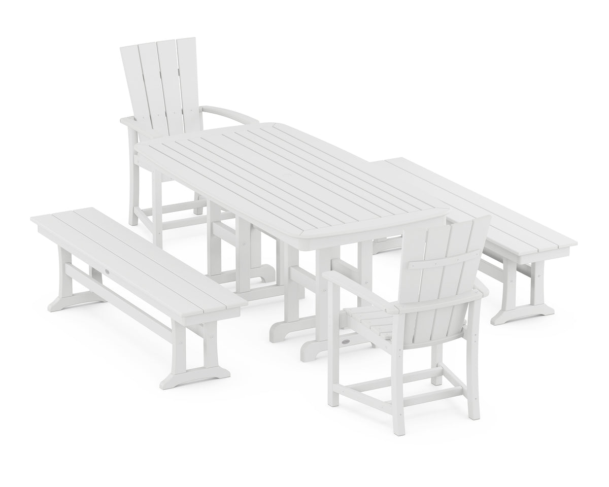 POLYWOOD Quattro 5-Piece Nautical Dining Set with Benches in White