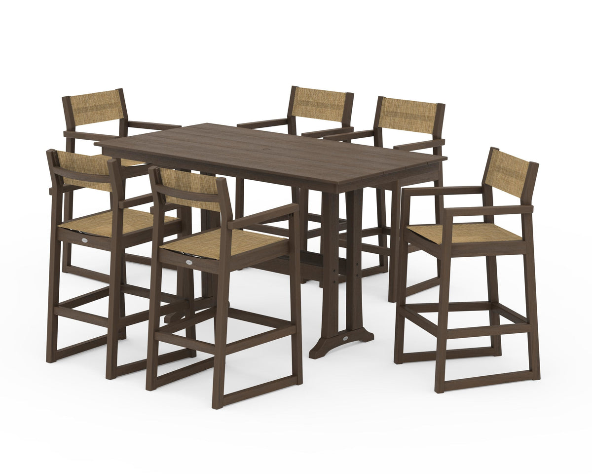 POLYWOOD EDGE Sling Arm Chair 7-Piece Farmhouse Bar Set with Trestle Legs in Kona / Burlap