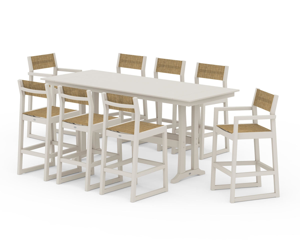 POLYWOOD EDGE Sling 9-Piece Farmhouse Bar Set with Trestle Legs in Sand / Burlap
