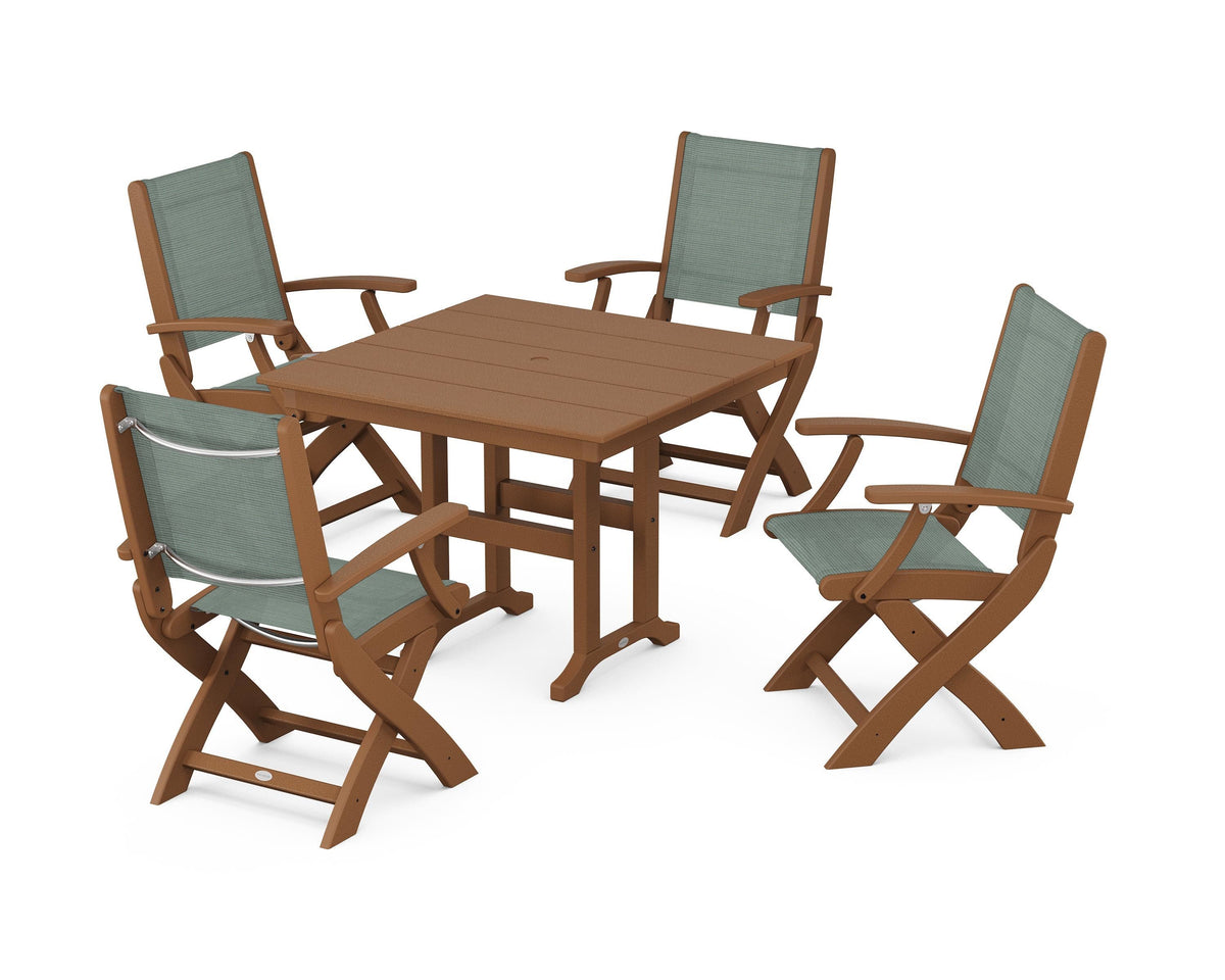 POLYWOOD Coastal Folding Chair 5-Piece Farmhouse Dining Set in Teak / Dupioni Sea Mist