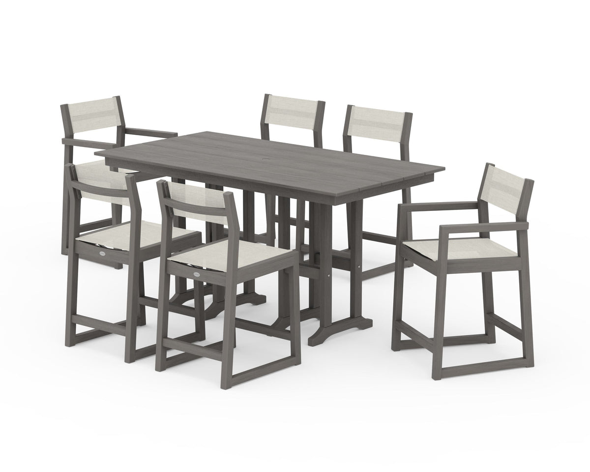 POLYWOOD EDGE Sling 7-Piece Farmhouse Counter Set with Trestle Legs in Driftwood / Parchment