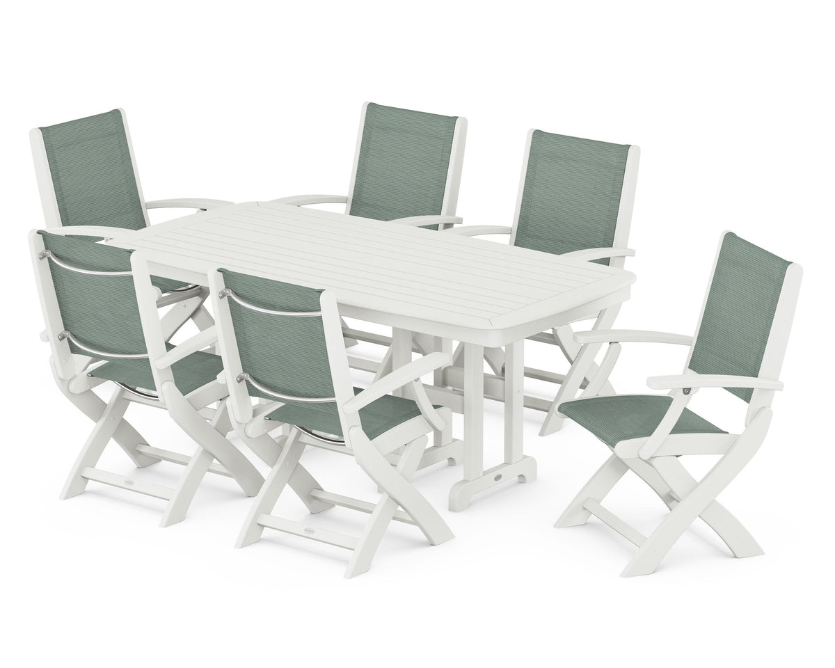 POLYWOOD Coastal Folding Arm Chair 7-Piece Dining Set in Vintage White / Dupioni Sea Mist