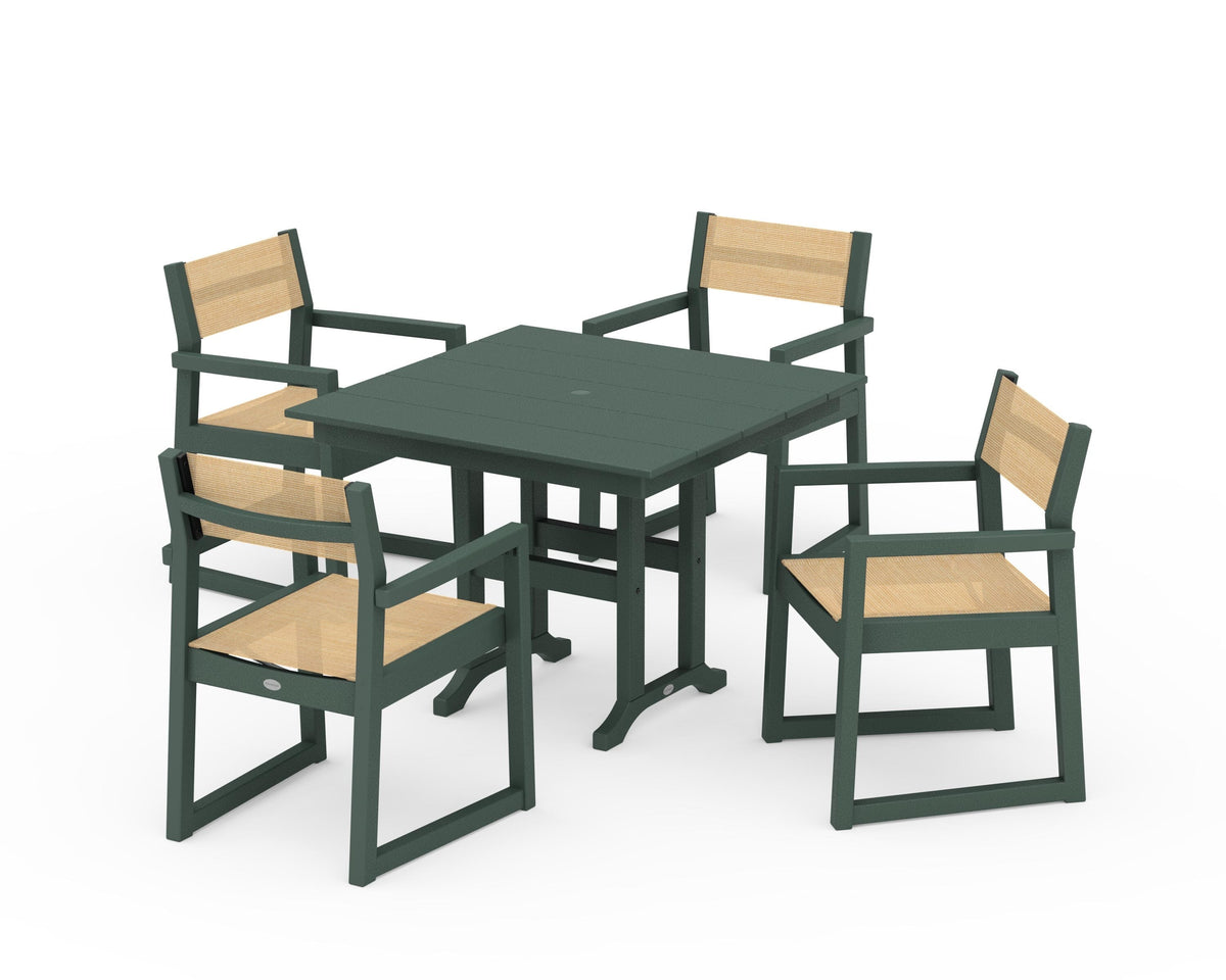 POLYWOOD EDGE Sling Arm Chair 5-Piece Farmhouse Dining Set in Green / Dupioni Apricot
