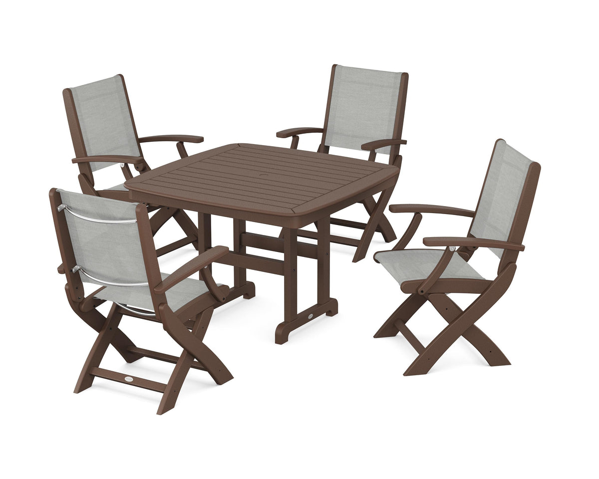 POLYWOOD Coastal Folding Chair 5-Piece Dining Set with Nautical 44" Dining Table in Mahogany / Metallic