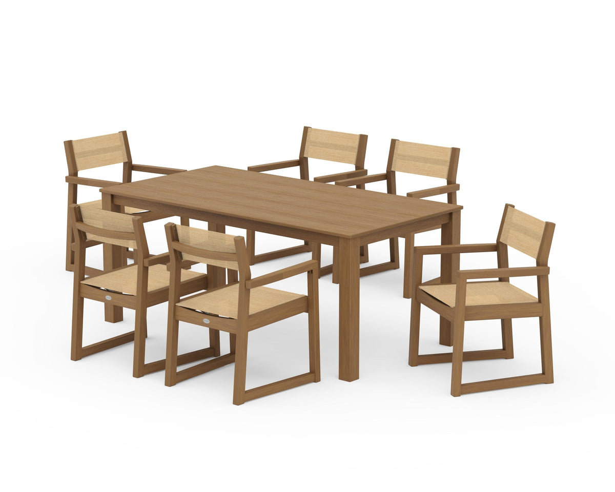 POLYWOOD EDGE Sling Arm Chair 7-Piece Parsons Dining Set in Natural / Dupioni Apricot