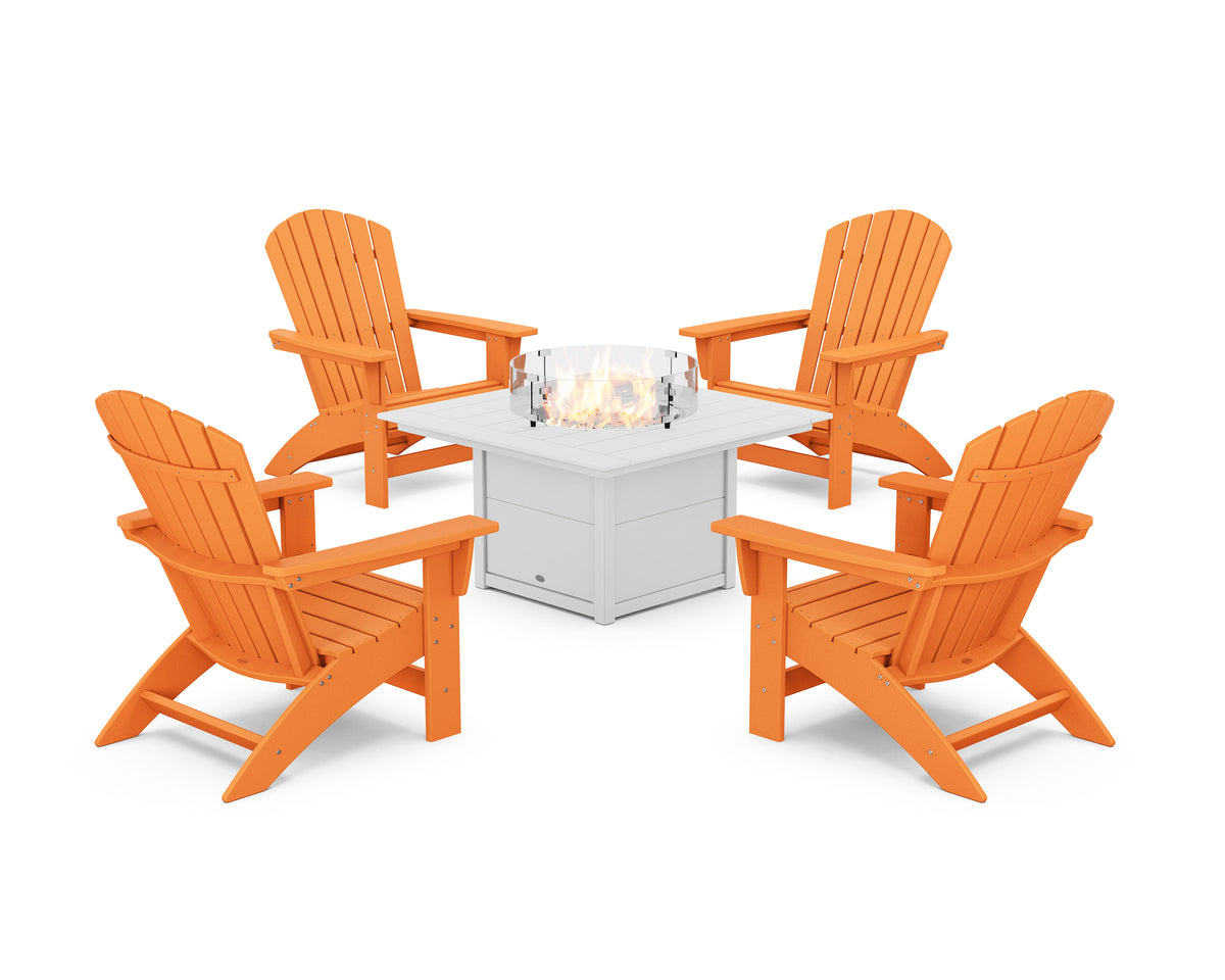 POLYWOOD 5-Piece Nautical Grand Adirondack Conversation Set with Fire Pit Table in Tangerine / White