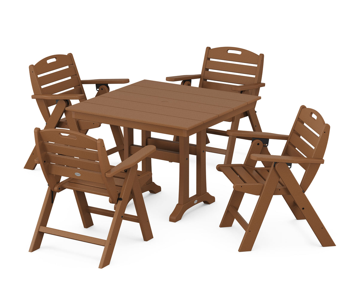 POLYWOOD Nautical Folding Lowback Chair 5-Piece Farmhouse Dining Set with Trestle Legs - 37" Table in Teak
